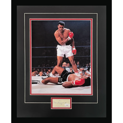 Framed signed Muhammad Ali 11x14 poster piece over Liston with JSA letter