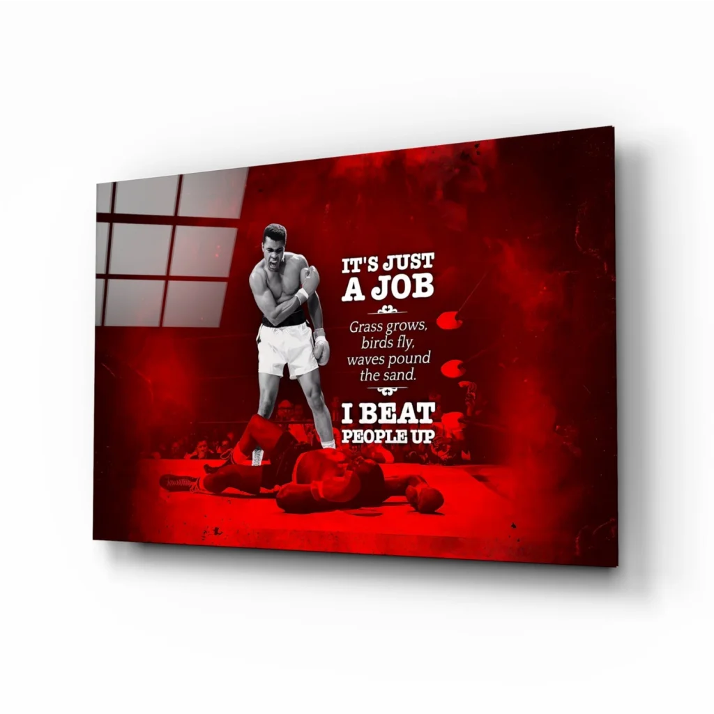 Vibrant red canvas wall art of Muhammad Ali in boxing stance with iconic quotes
