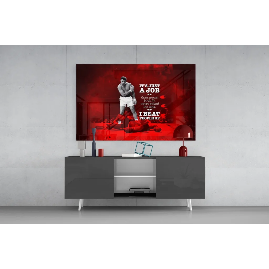 Red framed Muhammad Ali boxing stance canvas wall art with bold text