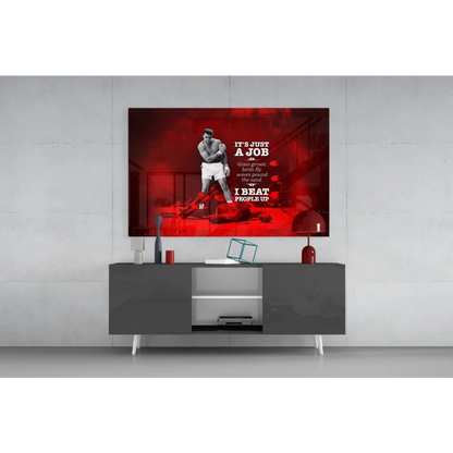 Red framed Muhammad Ali boxing stance canvas wall art with bold text