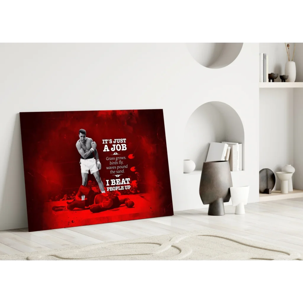 Red canvas wall art of Muhammad Ali boxing pose with quote