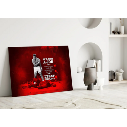Red canvas wall art of Muhammad Ali boxing pose with quote