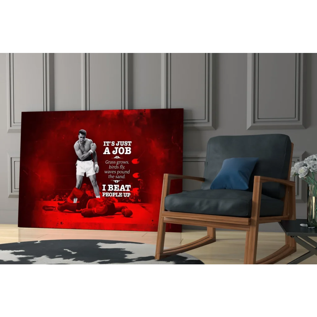 Red canvas wall art of Muhammad Ali in boxing gear with quote