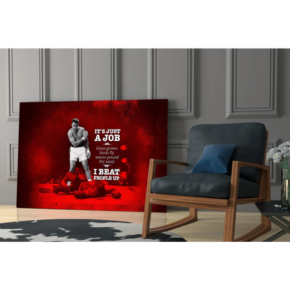 Red canvas wall art of Muhammad Ali in boxing gear with quote