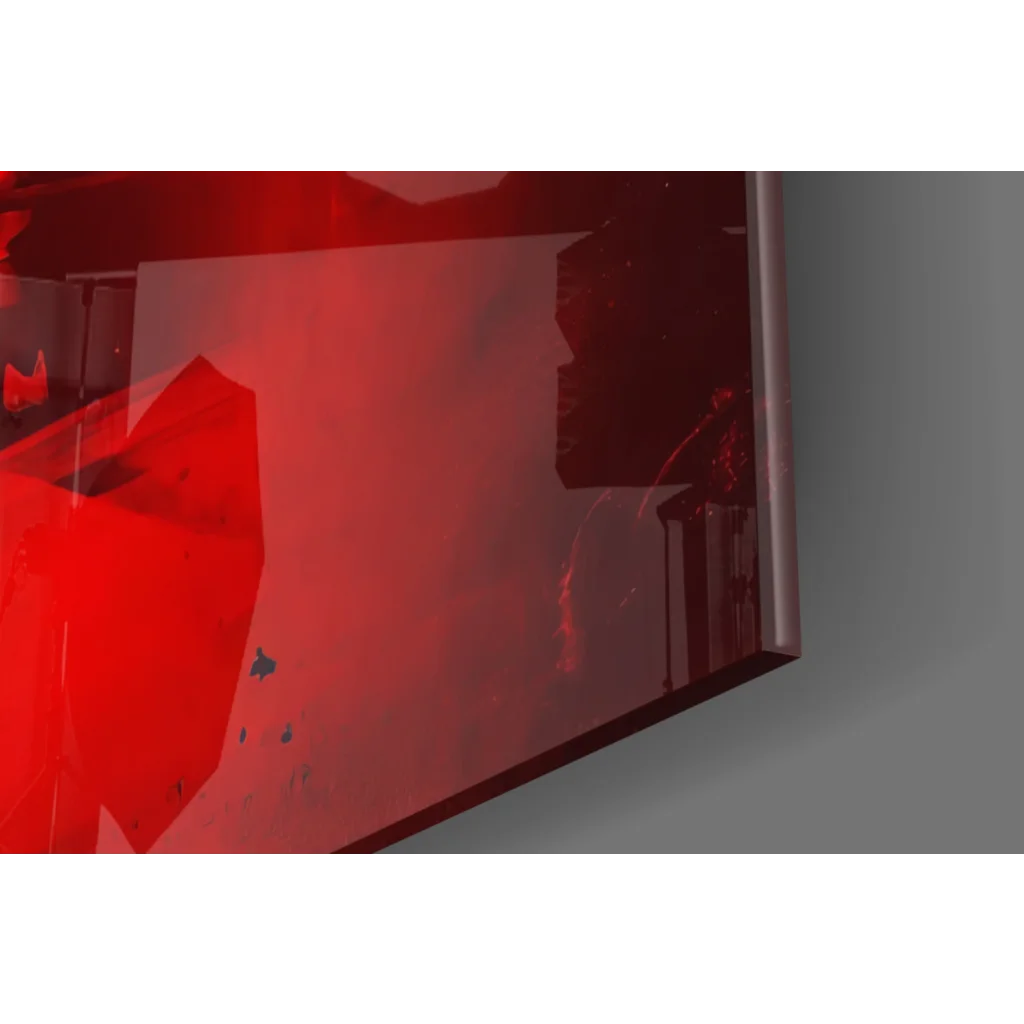 Vibrant red Muhammad Ali boxing legend glass wall art on sleek silver bezel monitor