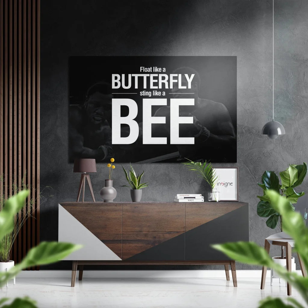 Black and white motivational wall art: float like a butterfly sting like a bee on brushed aluminium dibond