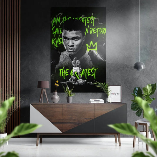 Muhammad Ali neon graffiti portrait on brushed aluminium dibond