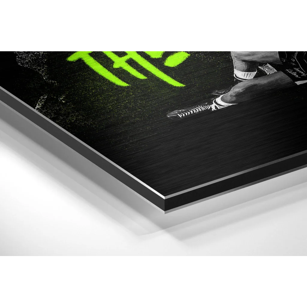Glass Wall Art Neon green zebra sneaker on black acrylic brushed aluminium dibond print
