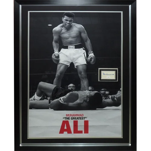 Deluxe framed Muhammad Ali boxing poster of Ali over Liston with autograph