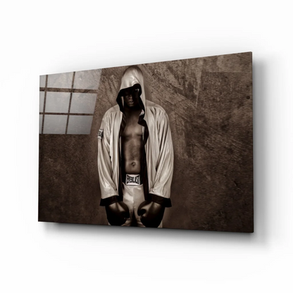 Vintage boxer in Everlast hoodie on sepia glass wall art canvas print