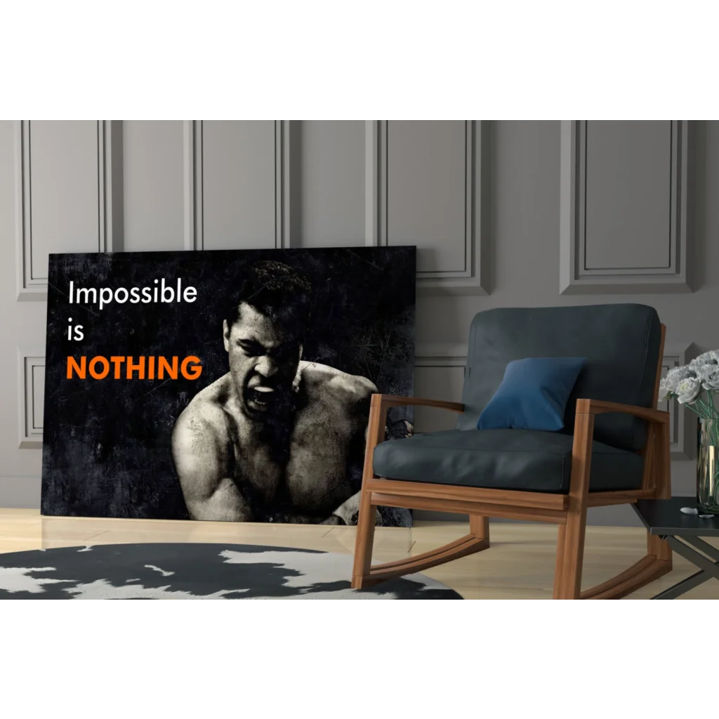 Muscular boxer on black white canvas glass wall art with Impossible is Nothing quote