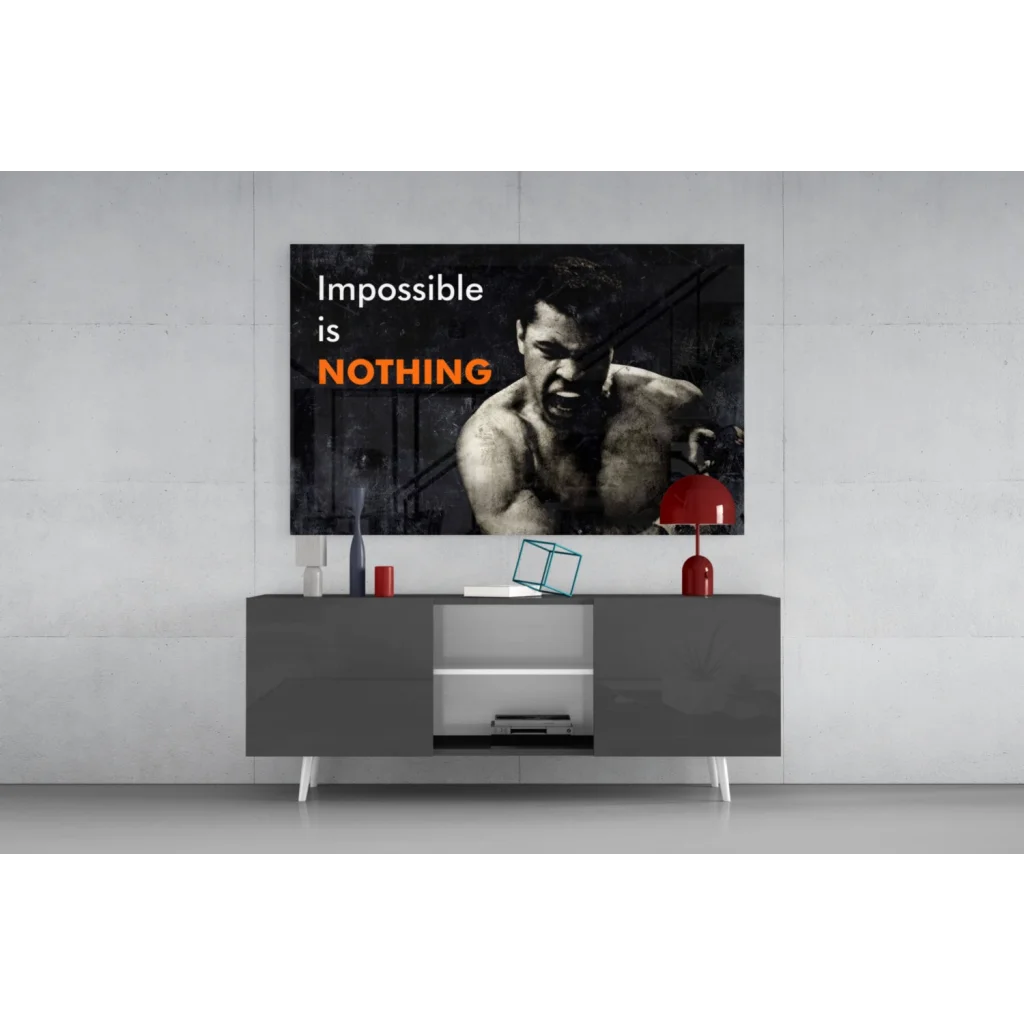 Muhammad Ali impossible is nothing black-and-white glass wall art