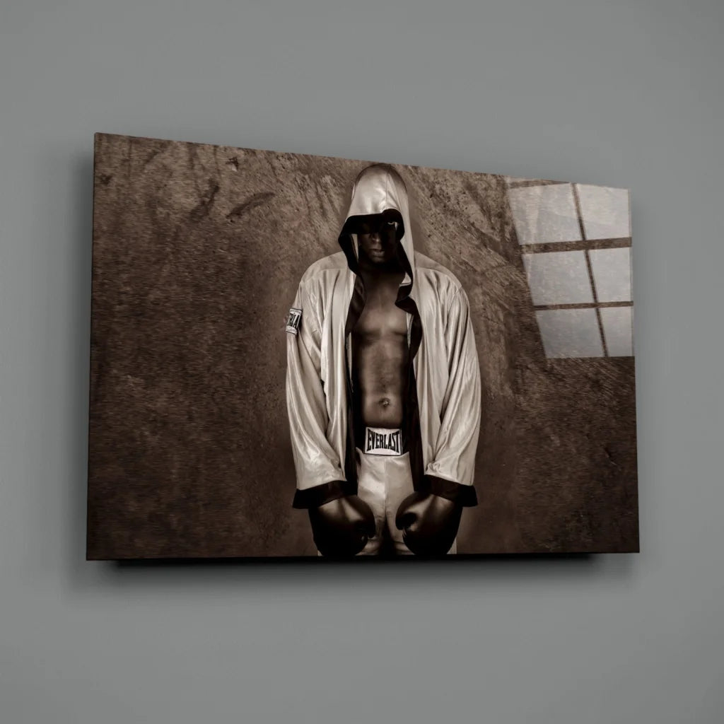 Vintage boxer in sepia glass wall art canvas print with Everlast robe
