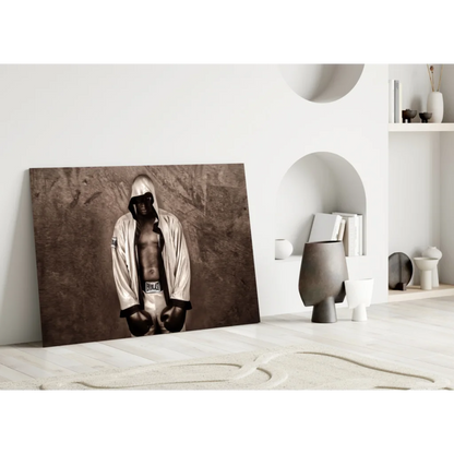 Vintage boxer in sepia glass wall art canvas print with Puma robe