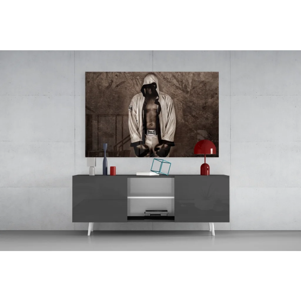 Sepia vintage boxer glass wall art canvas print on minimalist wall