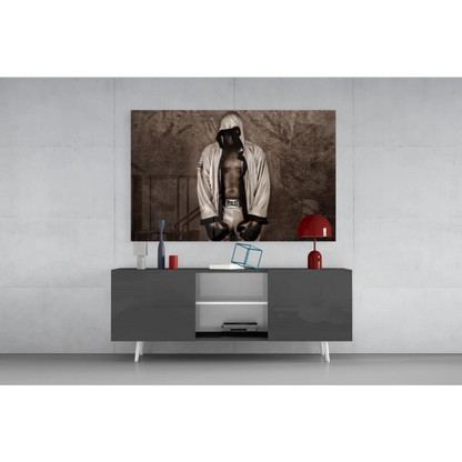 Sepia vintage boxer glass wall art canvas print on minimalist wall