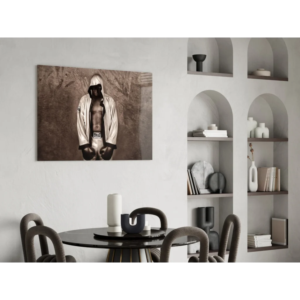 Sepia-toned vintage boxer in white robe on glass wall art canvas print