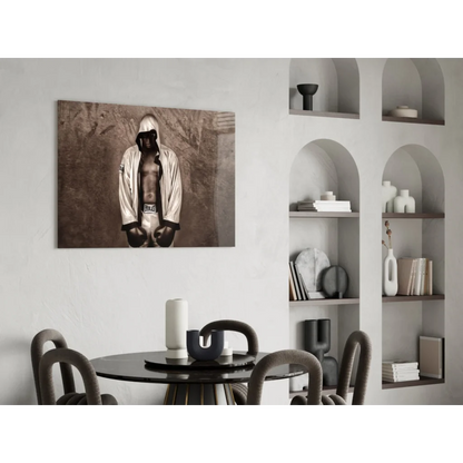 Sepia-toned vintage boxer in white robe on glass wall art canvas print
