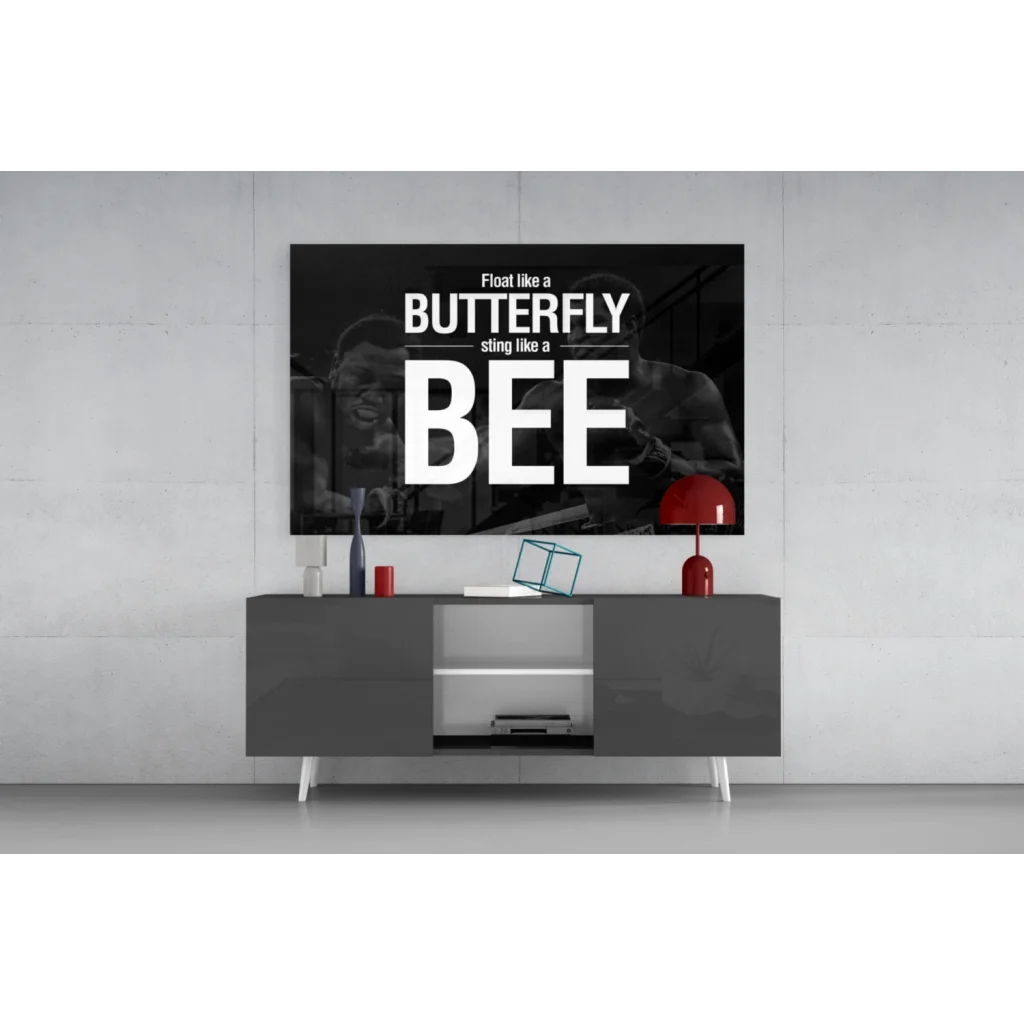 Muhammad Ali glass wall art with butterfly bee quote and boxers