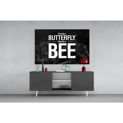 Muhammad Ali glass wall art with butterfly bee quote and boxers