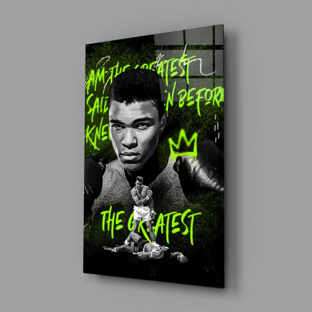 Muhammad Ali Neon Green Wall Art Canvas Print The Greatest | Glass Wall Art Print | vintageantiquesgifts.com