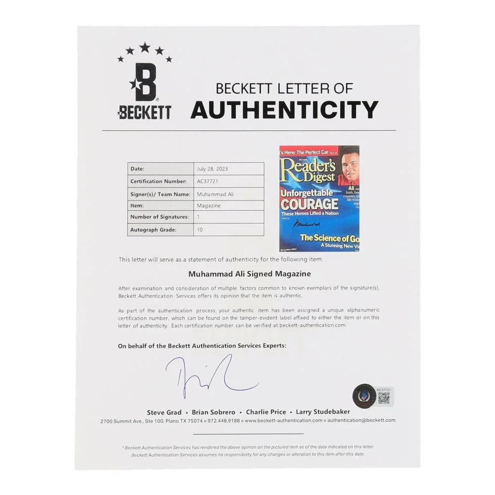 Beckett Letter of Authenticity for Muhammad Ali signed Reader’s Digest magazine