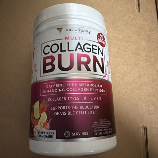 Vitauthority Multi Collagen Burn strawberry lemonade, hydrolyzed collagen protein peptides, BB 01/2027