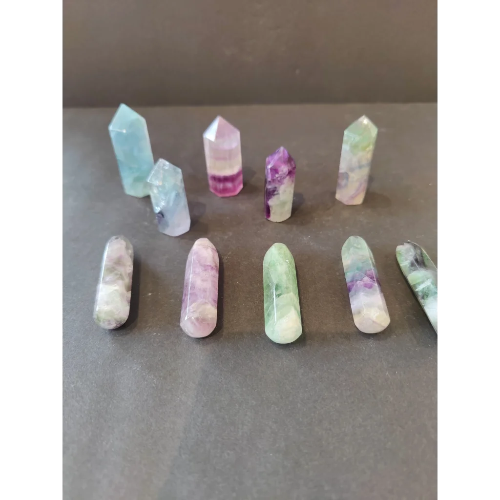 Multi color fluorite point with polished blue pink purple green crystals