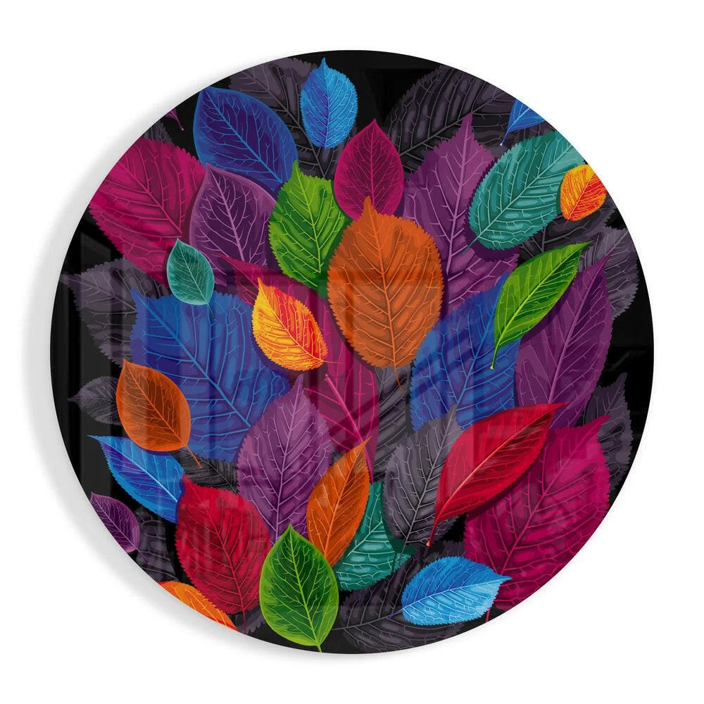 Vibrant multicolored leaf tempered glass art circle plate