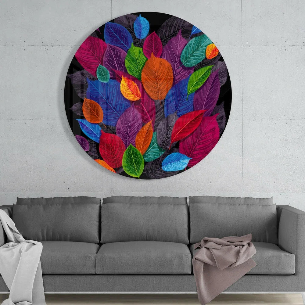 Vibrant multicolored leaf tempered glass art circle on black background