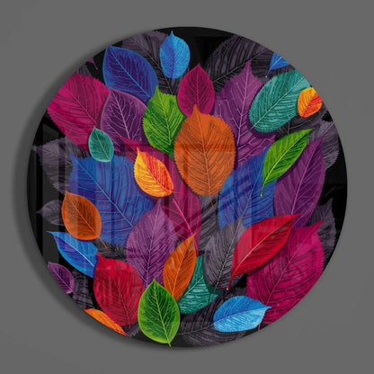 Vibrant multicolored leaf tempered glass art circle on black background