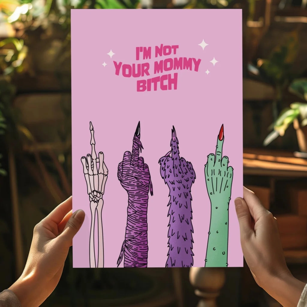 Pink poster of four middle finger hands on I’m Not Your Mommy Insigne Aluminum Print