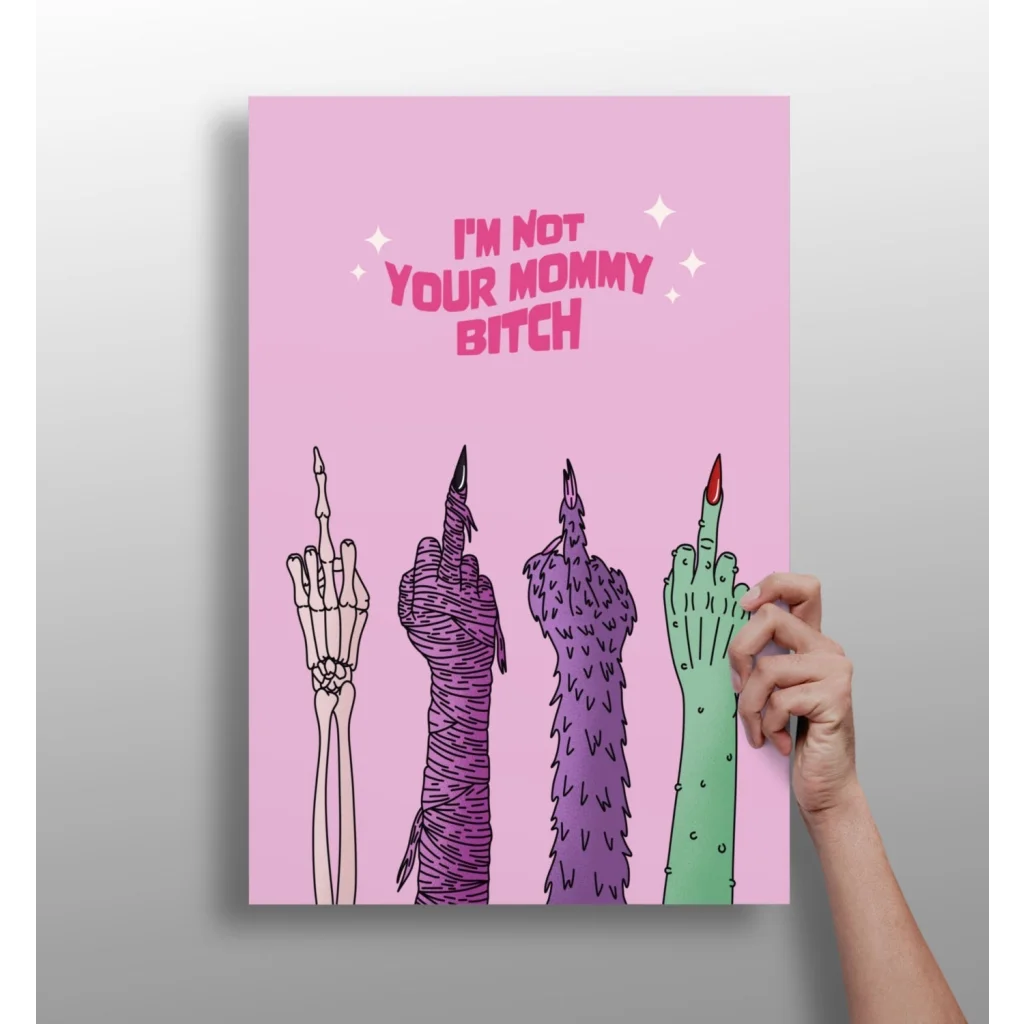 Pink skeletal mummified feathered green hands flip off on Insigne Aluminum Print