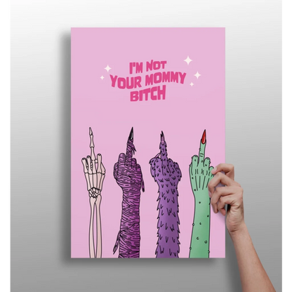 Pink skeletal mummified feathered green hands flip off on Insigne Aluminum Print