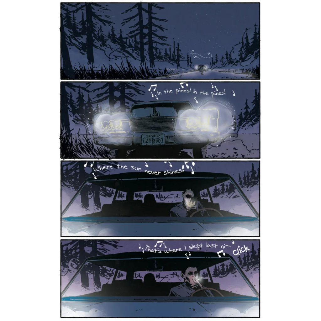 Dark blue car on snowy road at night, perfect vibe for Murder Ballads graphic novel