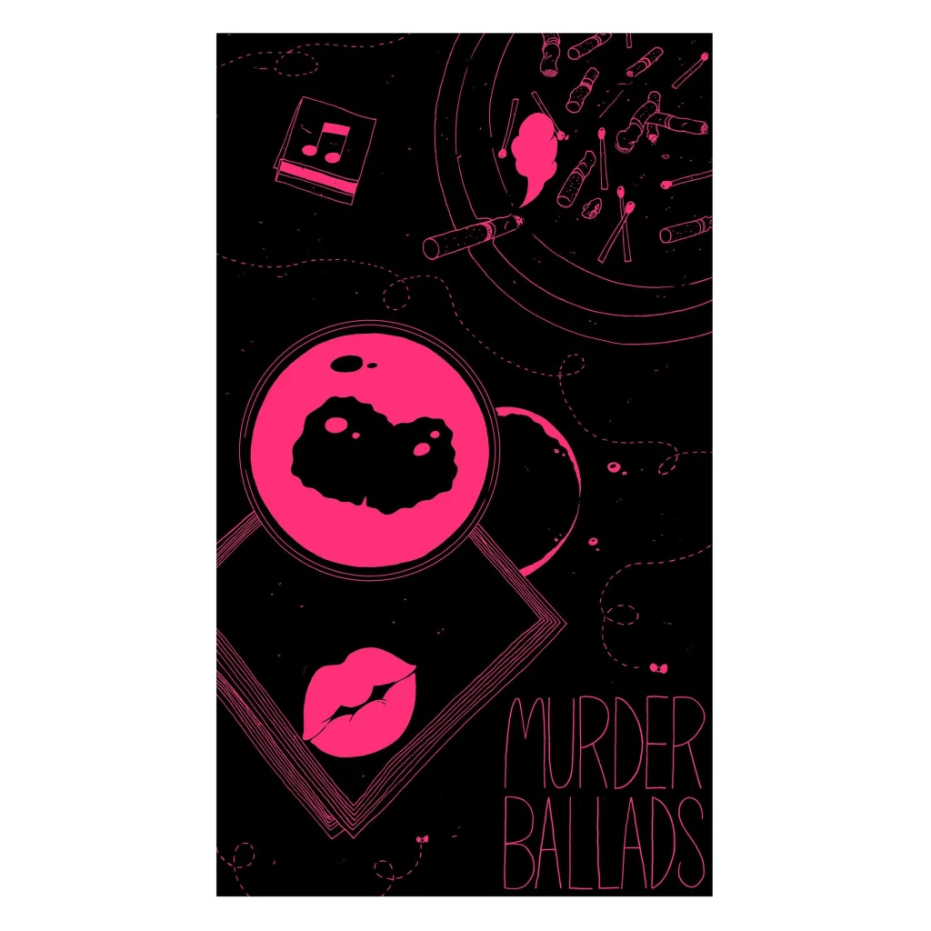 Murder Ballads Graphic Novel Cover with dark crime and music art, Dan Auerbach style