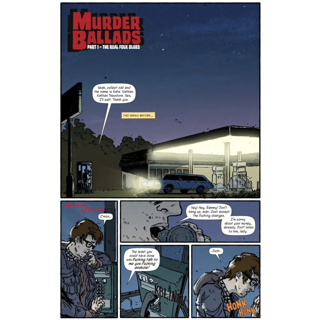 Comic book page with murder ballads scene at gas station and payphone, by Dan Auerbach Robert Finley