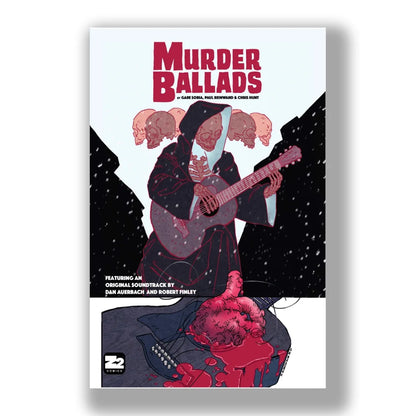Murder ballads graphic novel with skeletal guitar figure, skulls, blood, by Dan Auerbach and Robert Finley