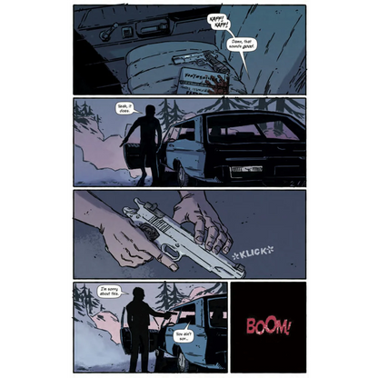 Comic book page from Murder Ballads with Dan Auerbach and Robert Finley showing snowy car scene
