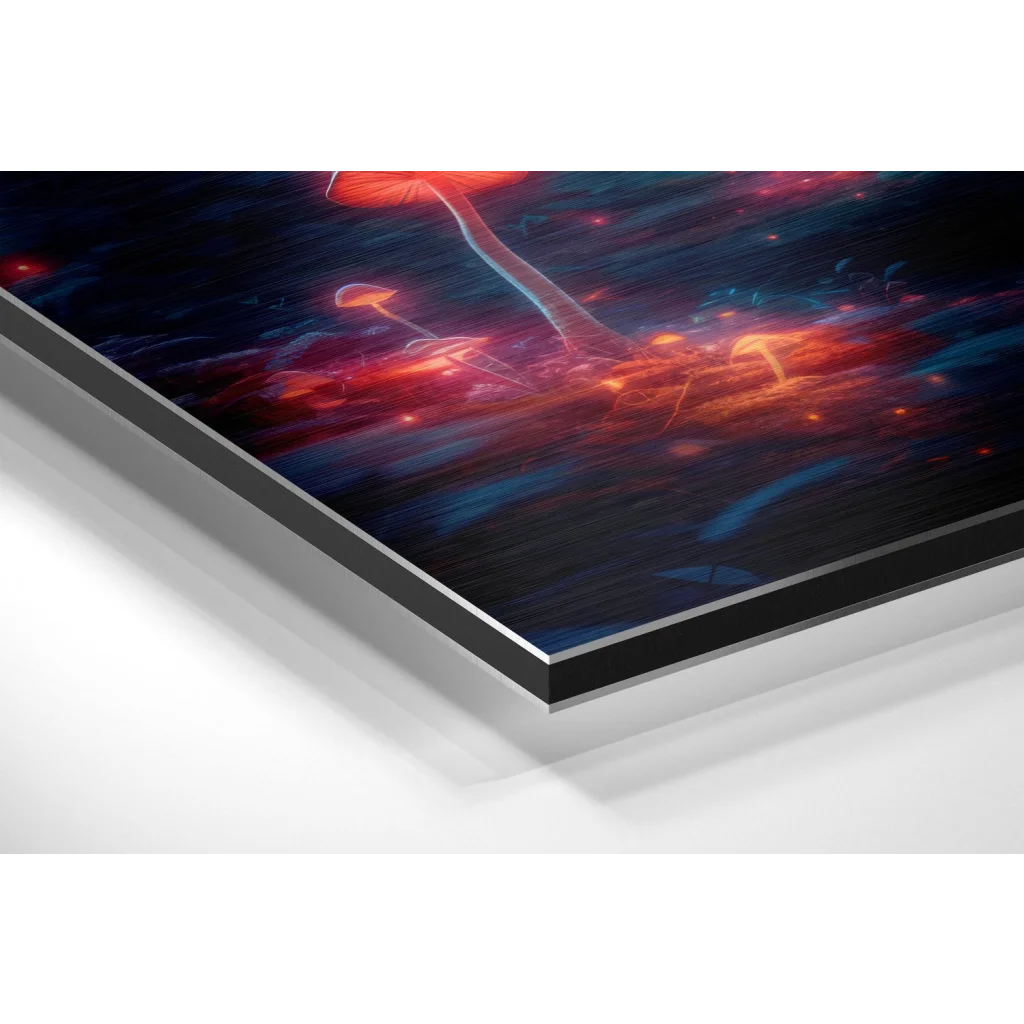 Glass Wall Art Vibrant cosmic mushroom art print on brushed aluminium dibond