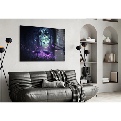 Mystical glass wall art print of glowing purple mushrooms in starry forest