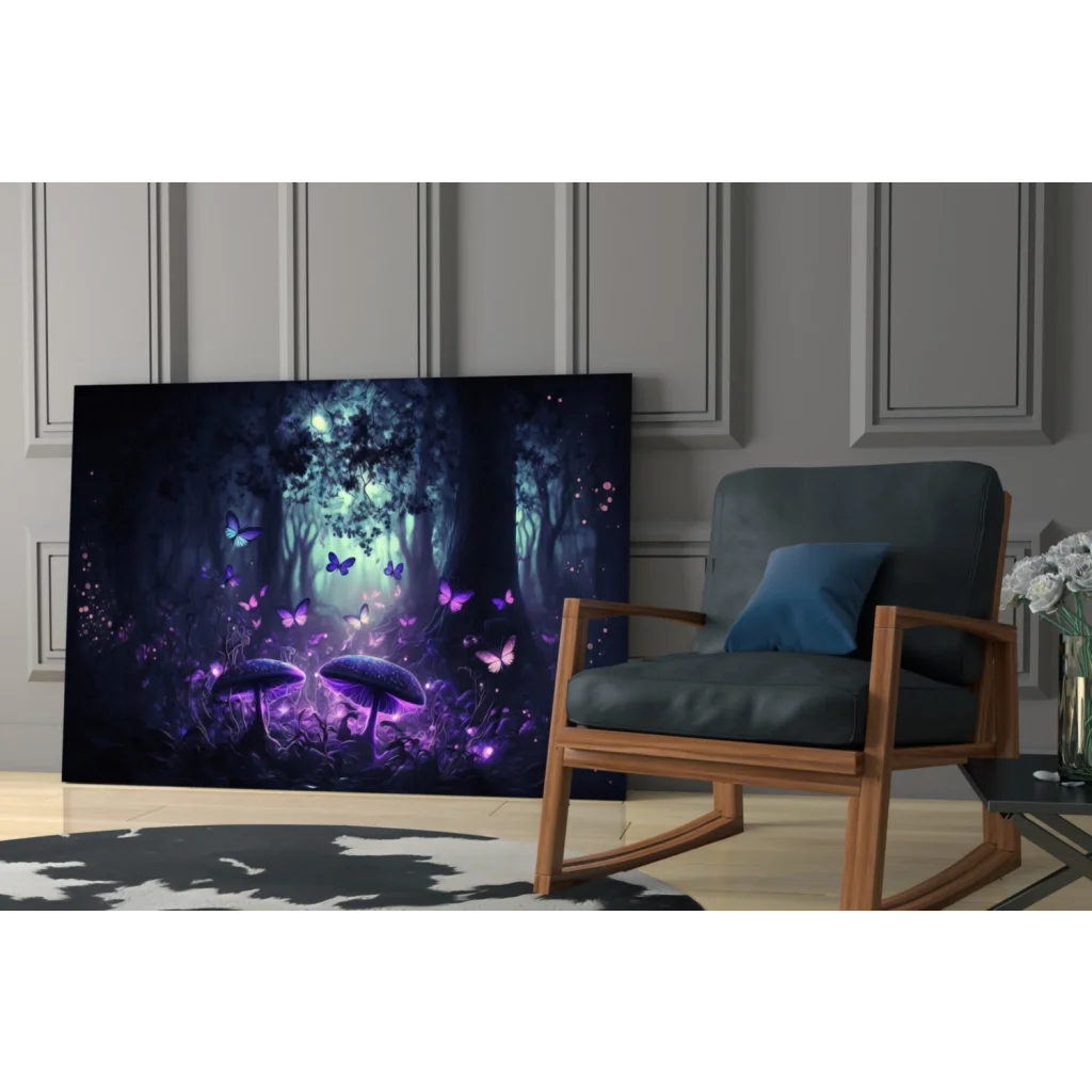 Vibrant purple blue fantasy forest glass wall art with glowing mushrooms butterflies ethereal light