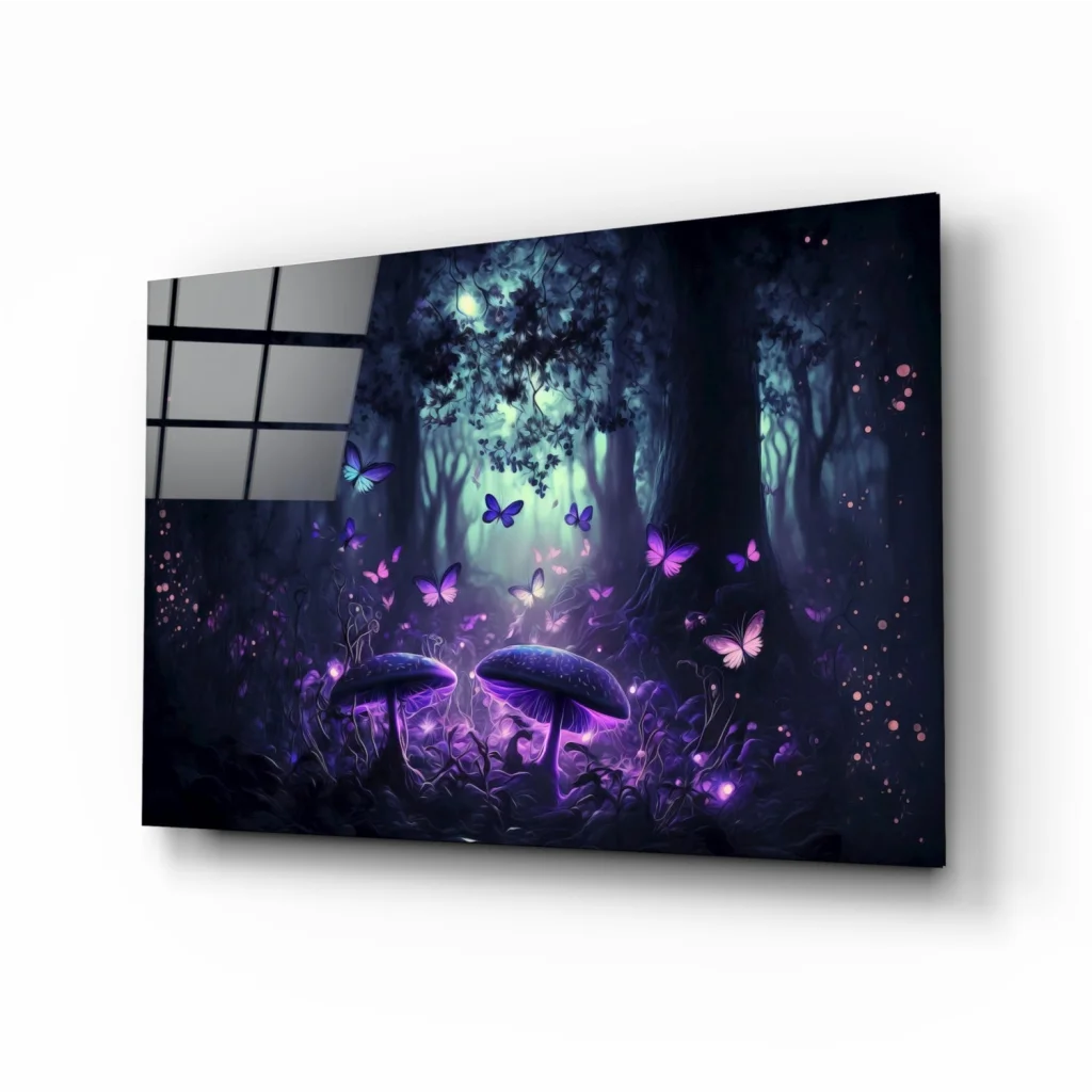 Mystical glass wall art of enchanted forest with glowing purple mushrooms