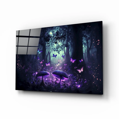 Mystical glass wall art of enchanted forest with glowing purple mushrooms