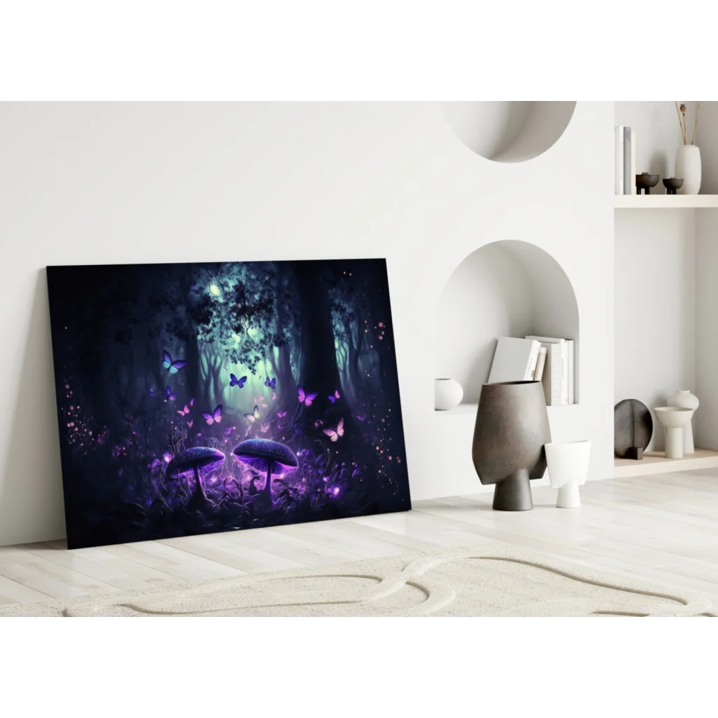Mystical forest glass wall art with glowing purple mushrooms and butterflies
