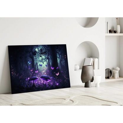 Mystical forest glass wall art with glowing purple mushrooms and butterflies