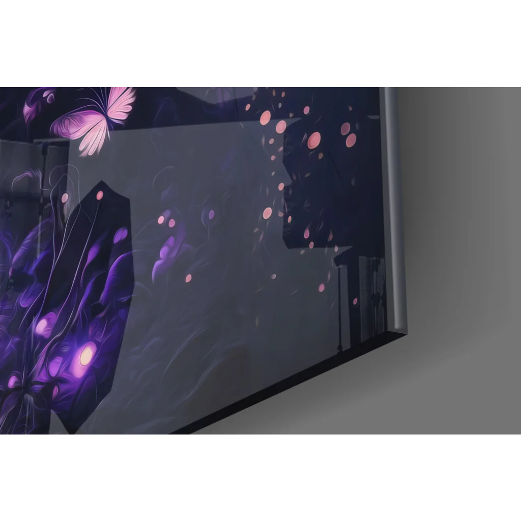 Sleek glass wall art print of glowing purple butterflies on navy background