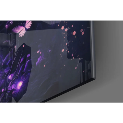 Sleek glass wall art print of glowing purple butterflies on navy background