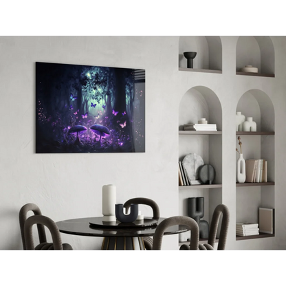 Mystical forest glass wall art with glowing purple mushrooms and butterflies under starlit sky