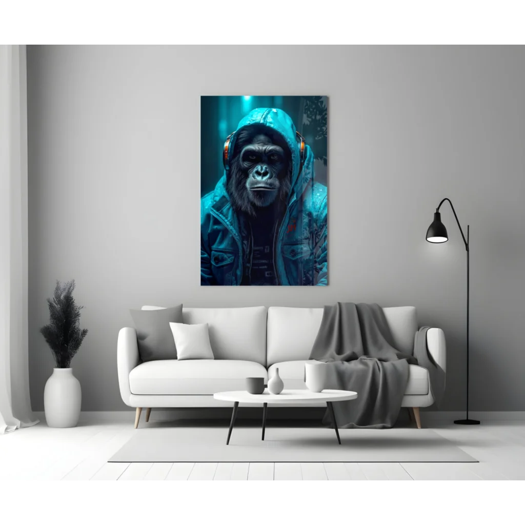 Teal Gorilla DJ Glass Wall Art Print | Modern Wall Art Decor | vintageantiquesgifts.com